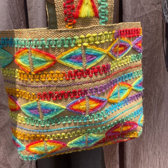 Handbags - Vintage Handcrafted Burlap Tote Bag | Yarn Embroidered Rainbow